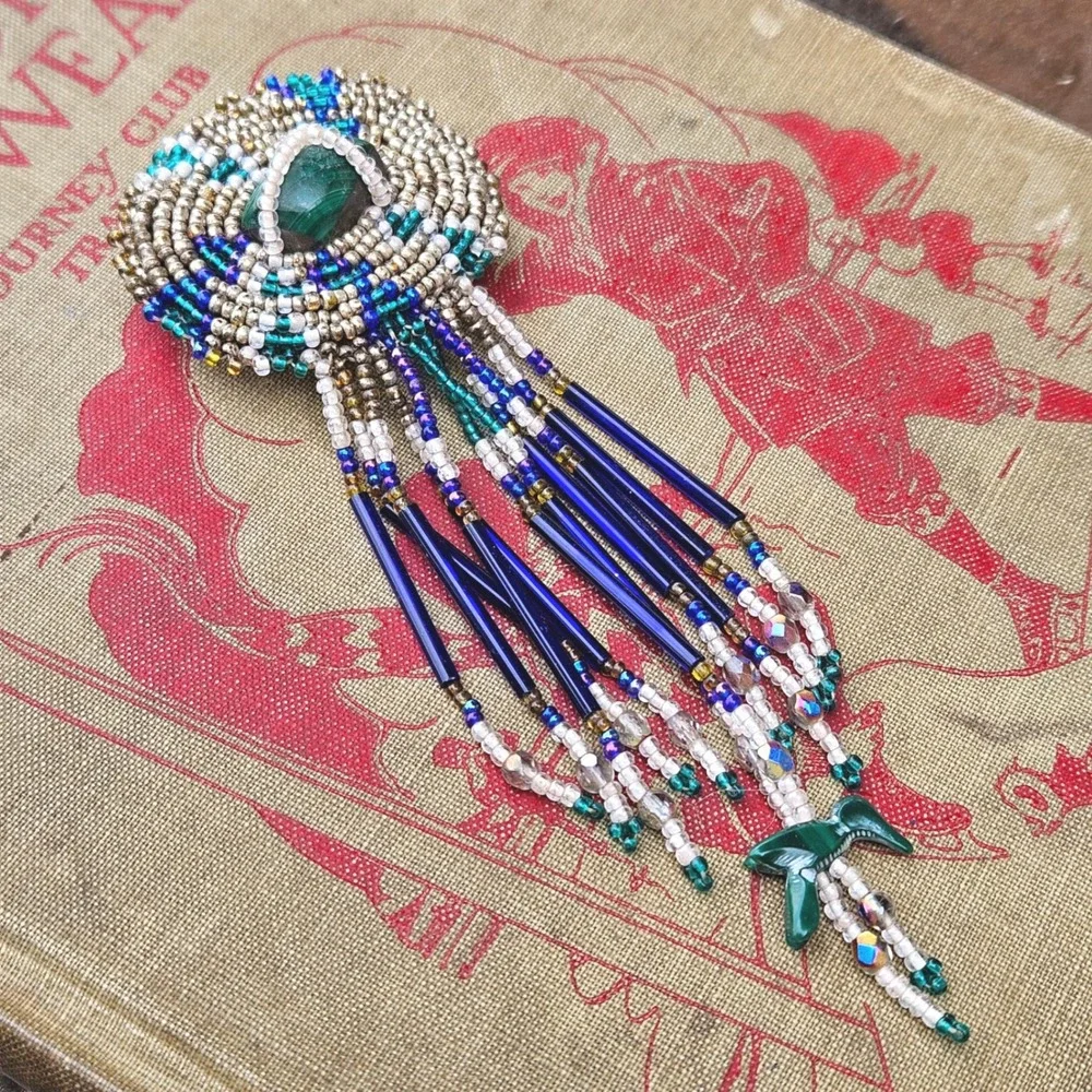 Handmade Beaded Malachite Bird Fringe Button Cover Bolo Tie Brooch Blue Green